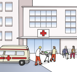 Ein Krankenwagen vor dem Krankenhaus